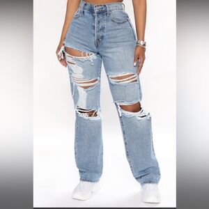 Fashion Nova Seeking Thrills Shredded Straight Leg Jeans - Medium Wash